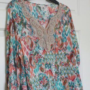 Artsy, Boho tunic top in paisley with taupe crochet neckline trim. Never worn.